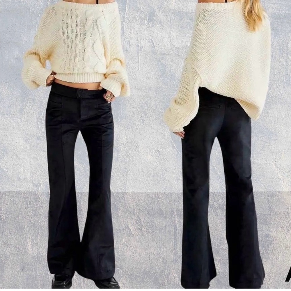 Free People Flare Pants Walk With You Velvet Black Flare Trousers NEW - Picture 13 of 13